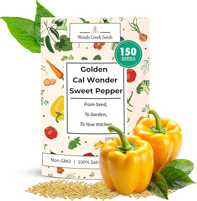Woods Creek Seeds: Golden Cal Wonder Sweet Pepper Seeds for Planting - Non-GMO and Heirloom Bell Pepper Seeds for Planting Outdoors or Indoors for Home Plant Gardens - Sweet Golden Bell Peppers Seed