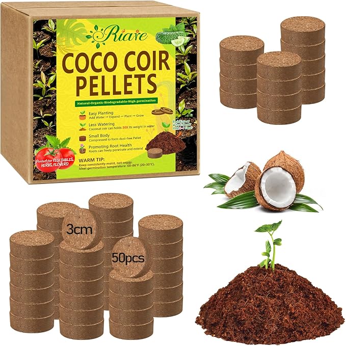 Riare 50 Pcs 30mm Organic Coco Coir Seed Starter Soil, Compressed Coconut Coir Potting Soil Mix for Seed Starting, Coconut Fiber Pellet for Planting Indoor & Outdoor Plants, Vegetables, Garden