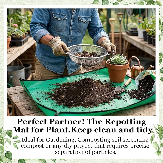 2PCS Soil Sifter for Gardening with Handle,Stainless Steel Rock Compost Soil Sifter for 5 Gallon Bucket,1/4in,1/8in Mesh Garden Sifting Screen Gravel Sawdust Vermicompost with Repotting Mat