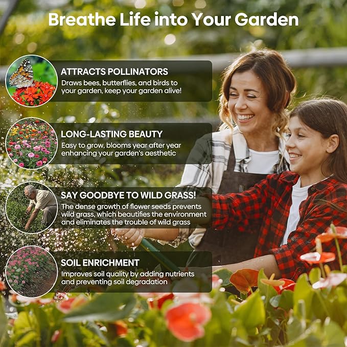 Wildflower Seeds Mix, 2 Oz, 50,000+ Seeds, 28 Varieties, Attracts Bees, Butterflies & Birds, Colorful Flowers