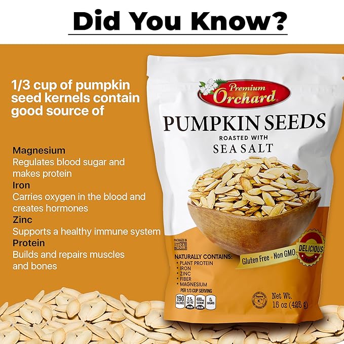 ROASTED PUMPKIN SEEDS to Eat in Shell by Premium Orchards MIXED NUTS - Salted with Sea Salt - Non-GMO Vegan Fresh Healthy Snacks/ - Great source of Plant Protein, Zinc, Magnesium & Iron (Value Pack - 3 Bags)