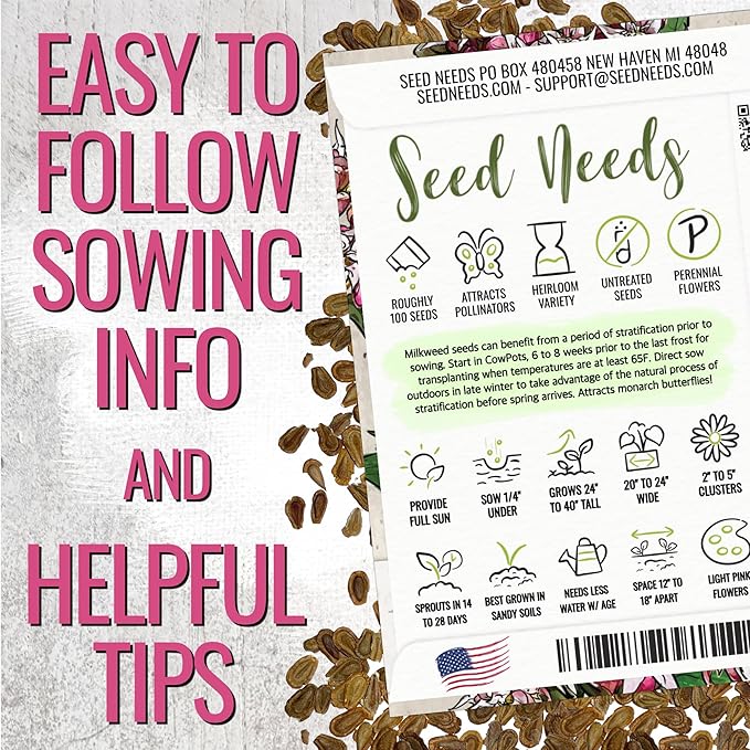 Seed Needs Showy Milkweed Seeds for Planting - Untreated & Open Pollinated, Attracts Monarch Butterflies in a Butterfly Garden (5 Packs)