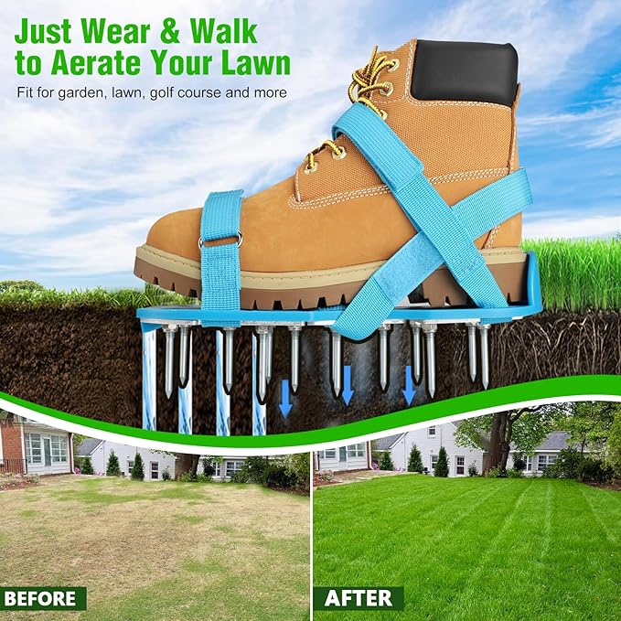 Lawn Aerator Shoes for Grass - Pre-Assembled Grass Aerator Shoes for Lawn - Soil Yard Aerator Tool for Aerating Patio Garden, Blue, Small Size
