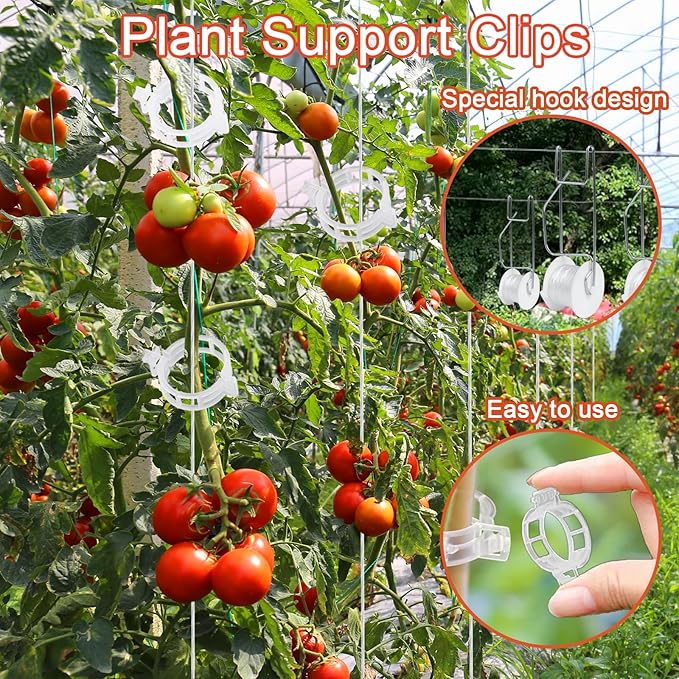 Tomato Support Hooks with String 20 Pcs,100 Pcs Plant Support Clips for Climbing Plants,Tomato Trellis Roller Hooks with 49.2FT String,Reusable Grape Vine Clips to Prevent Tomatoes