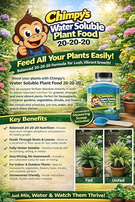 Chimpy's 20-20-20 Complete Water-Soluble Plant Food - 16oz Professional Grade Fertilizer with Measuring Scoop for Indoor Outdoor Plants, Vegetables & Flowers