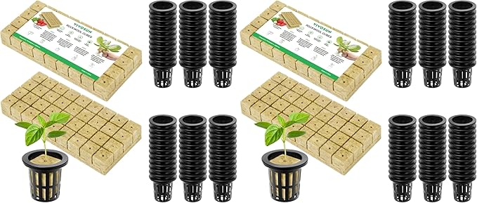 VIVOSUN 72 Rockwool Cubes & Net Pots Set for Hydroponics, 1.2” x 1.2” x 1.6” Cubes, 72 Plugs & 72 2” Net Cups for Hydroponic Growing, Seed-Starting, Cloning, Tower Gardens (Pack of 2)