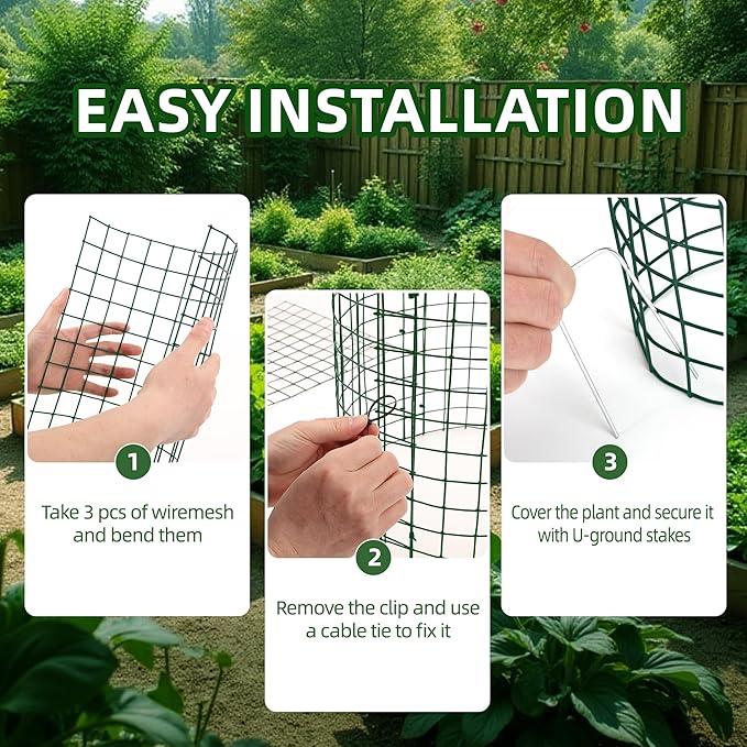 6 Sets of DIY Metal Plant Protectors from Deer, Garden Fencing Animal Barrier Size 11.8 * 12.9 inches, Mesh Plant Cage Chicken Wire Cloche for Plants with Stakes and Nylon Cables