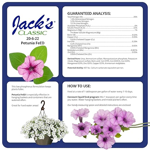 Jack's Classic 20-6-22 Petunia Feed Water-Soluble Fertilizer with Micronutrients, 4lbs - Provides Lush Green Annuals