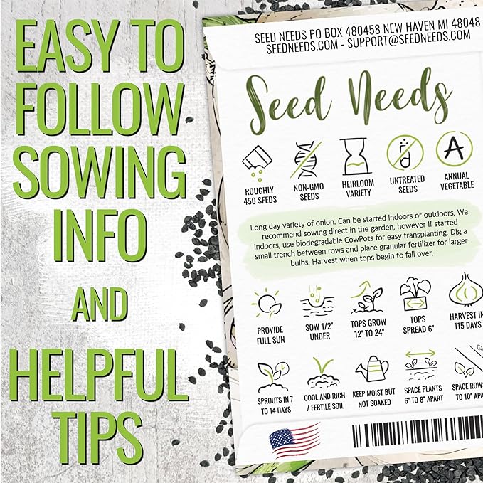 Seed Needs Onion Seeds for Planting Walla Walla Long Day Onions - Non-GMO Heirloom & Untreated Vegetable Seeds to Plant an Outdoor Home Grown Veggie Garden (2 Packs)