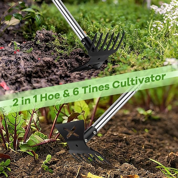 2 in 1 Garden Hoe and Cultivator Weeding Rake 6 Tines, Manual Weed Puller Tool with Long Handle, 56" Heavy Duty Hand Weeder Remover Tools for Patio, Lawn, Garden, Flower Beds, Loosen Soil and Planting