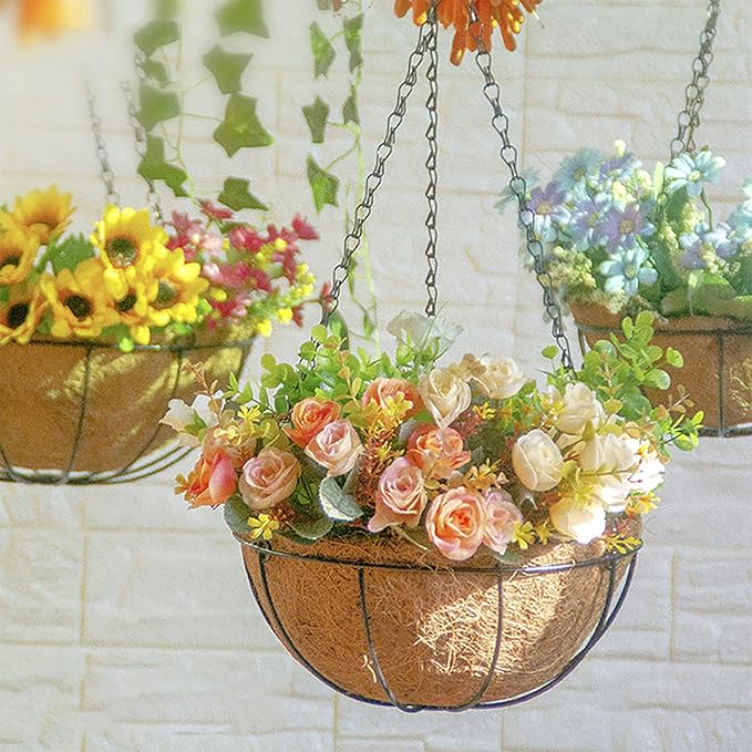 EIMQUVW Hanging Planters Basket Set of 3 Hanging Flower Pots 10 Inch Chain Round Wire Plant Holder with Coco Coir Liner Garden Watering Hanging Baskets for Patio Garden Outdoor1