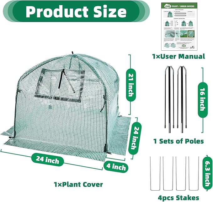 Plant Cover Freeze Protection Blanket, 24''x24''x21'' Outdoor Garden Fabric Cover with Poles and Stakes for Winter Frost, Frost Covers for Small Trees, Shrubs, Green