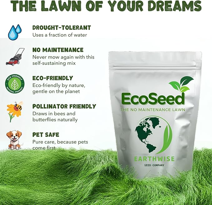 Earthwise EcoSeed No-Maintenance Lawn Seed Mix – 1 lb Bag – Low-Water, Low-Mow Grass Blend – Covers 200 sq ft