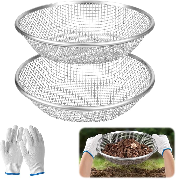 2PCS 1/4 Inch Mesh Soil Sifter for Gardening,Compost Sifter for 5 Gallon Buckets,Garden Sieve Rock Sifters for Captures Dirt Rocks Sawdust,Includes Gloves