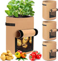 JJGoo 4 Pack Potato Grow Bags 10 Gallon with Flap, Heavy Duty Fabric Grow Bags with Handle and Harvest Window, Non-Woven Planter Pot Plant Garden Bags to Grow Vegetables Potato Tomato, Brown