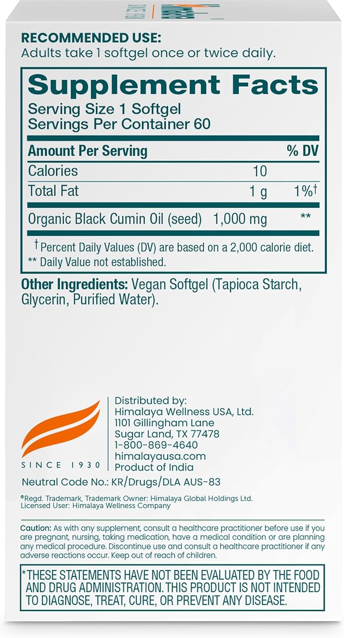 Himalaya Black Seed Oil Softgels, Cold-Pressed & Unrefined Black Seed Oil for Wellness, Non-GMO, Vegan, Gluten-Free, No Additives, 1,000 mg Per Serving, 60 Softgels