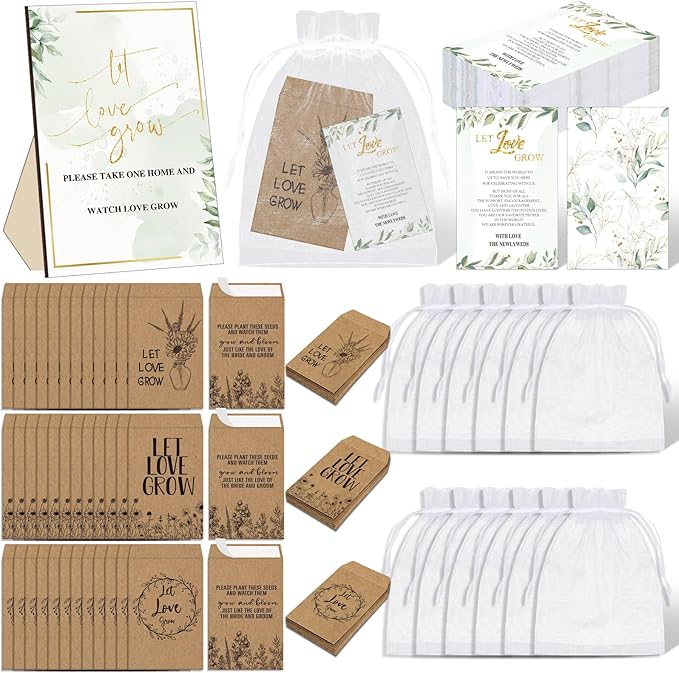 Ireer 101 Set Let Love Grow Greenery Wedding Favors for Guests Include 1 Wooden sign100 Self Adhesive Seed Packets Kraft Paper Seed Envelopes 100 Let Love Grow Cards 100 Bags for Guest Bridal Shower