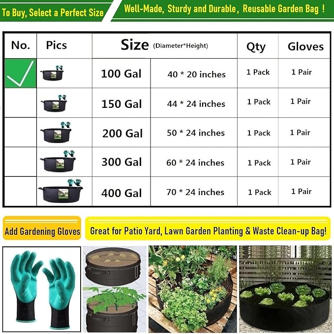 100 Gallon Big Raised Garden Bed Bag (40x20 inch) Large Plant Grow Bag for Tomato,Potato Planter,Herbs Veggies Planter,Flower Bed,Plant Container,Yard Waste,Lawn Debris,Leaf Bag with Gardening Gloves