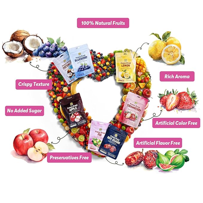 SUNGIVEN Freeze Dried Fruit Mixed for Beauty, Variety Pack of 12 Bag, 7 Kinds of Fruit, Health Snack, Rich in Vitamins, Apple Strawberry Blueberry Lemon Coconut Fig Red-Dates, No Sugar Added, 9.7 oz