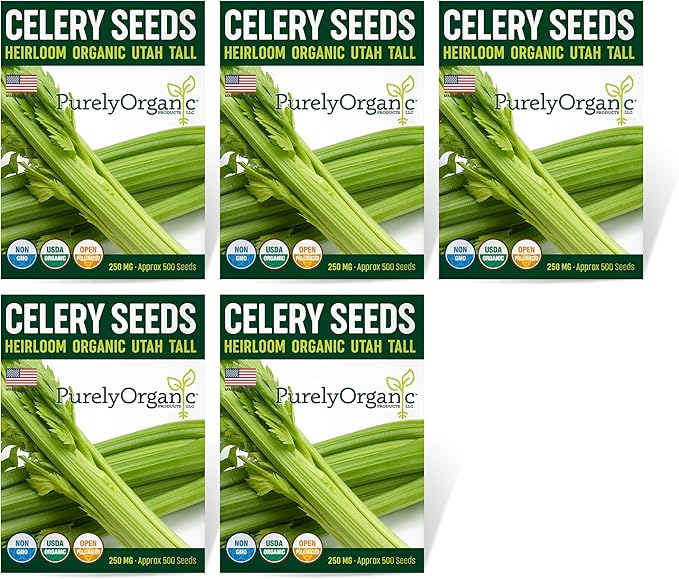 Organic Utah Tall Celery Seeds - USDA Organic, Non-GMO, Open Pollinated, Heirloom, USA Origin (5 Packets - 1.25 Grams - Approx 2500 Seeds)