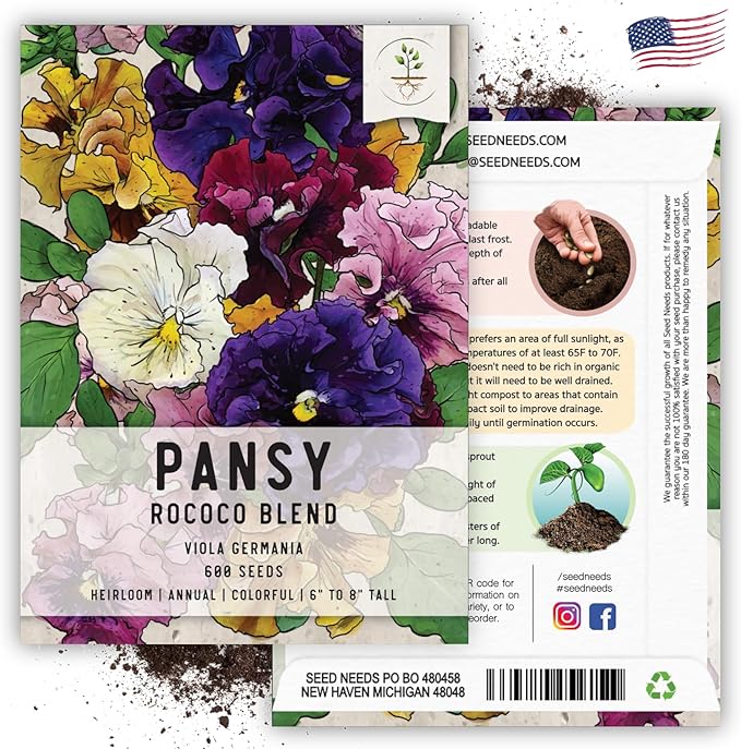 Seed Needs, Rococo Pansy Seeds - 600 Heirloom Seeds for Planting Viola Germania - Colorful Blooms for an Outdoor Flower Garden, Attracts Pollinators (2 Packs)