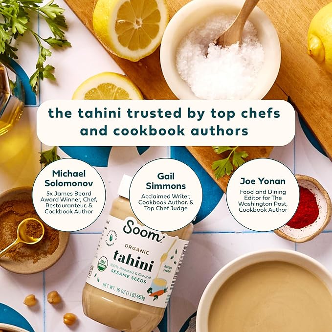 Soom Foods Organic Tahini 16oz (2 Pack) | Roasted & Ground Sesame Seed Paste | Creamy Tahini for Dubai Chocolate, Hummus, Sauces | Vegan, Nut-Free, Gluten-Free, Kosher, Keto, Paleo, Whole30