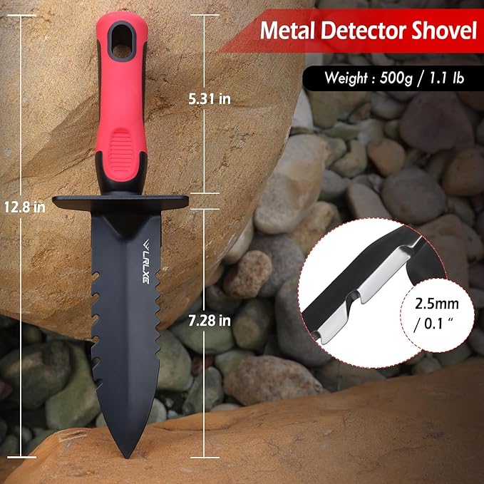Metal Detector Shovel, Heavy Duty Double Serrated Edge Digger with Sheath, Gardening & Metal Detecting Accessories for Digging, Weeding and Planting