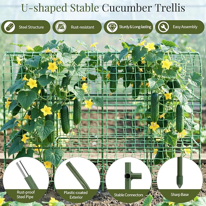 Housolution Cucumber Trellis for Raised Bed, 67"×48" U-Shape Garden Trellis for Climbing Plants Outdoors with 2×3m Net for Tomato Squash Zucchini Peas Beans Grape Fruit Flowers, Green