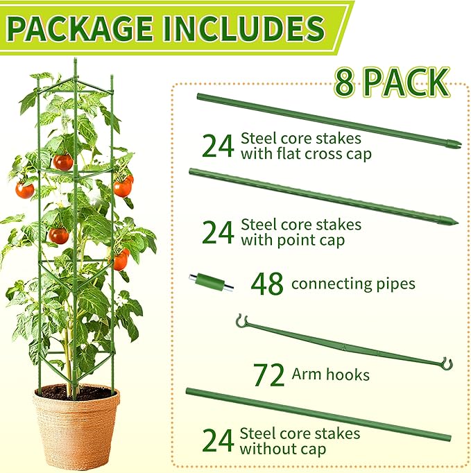 8 Pack 48 Inch Tomato Cages for Garden, Triangle Metal Plant Support with Rust-Resistant Coating, Heavy Duty Tomato Trellis for Raised Bed, Pots, Cucumbers, Peppers & Climbing Plants