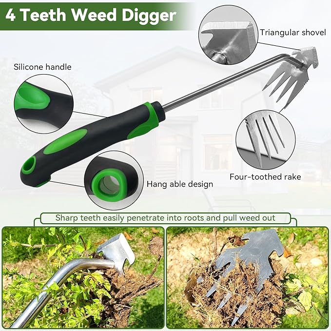 Hand Weeder Tool Set, Portable Garden Weeder Puller for Lawn & Garden with 4-Claw Digger, Crack Weeder and Ergonomic Rubber Handle Manual（3 Pcs）