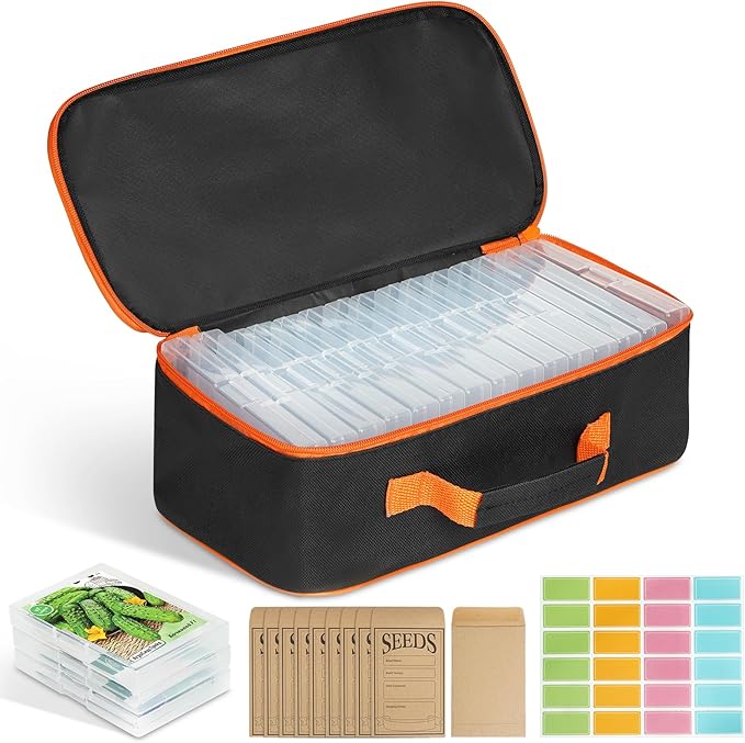 FACULX 15 Slots Seed Storage Box with 20 Seed Envelopes, Large Capacity Seeds Organizer Container with Zipper Bag Label Stickers, Seeds Saving Container for Garden Vegetable and Flower (Orange)