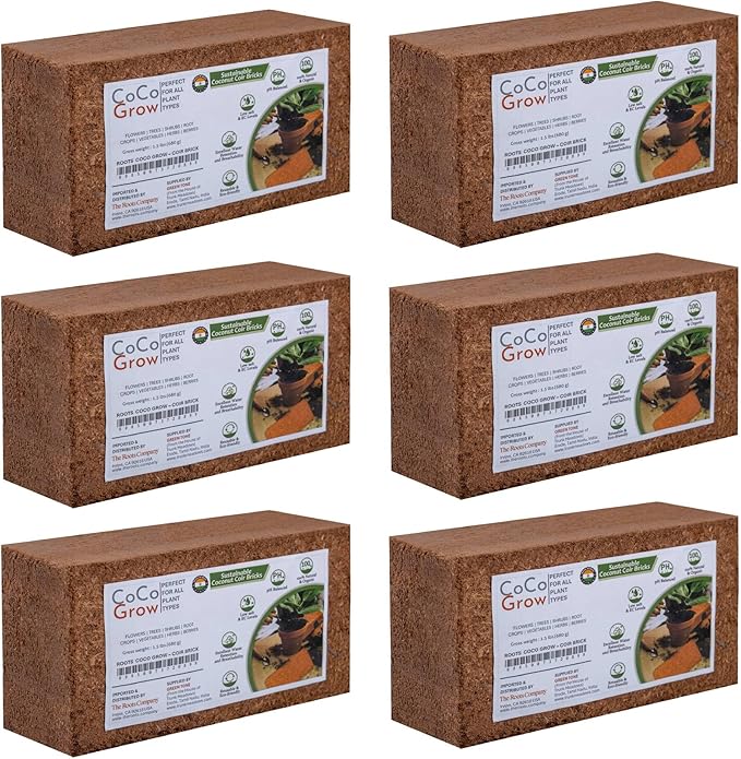 Premium Coco Peat Bricks – Low EC Coconut Coir Growing Medium, Pre-Buffered & pH Balanced, High Water Retention for Gardening, Hydroponics & Seed Starting, Pack of 6