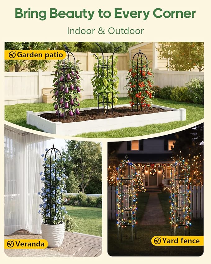 Joyhalo 2 Pack Trellis for Climbing Plants Outdoor, 74 Inch High Adjustable Garden Trellis for Flowers, Black Plastic Coated Steel Plant Stakes Use As Tomato Cage
