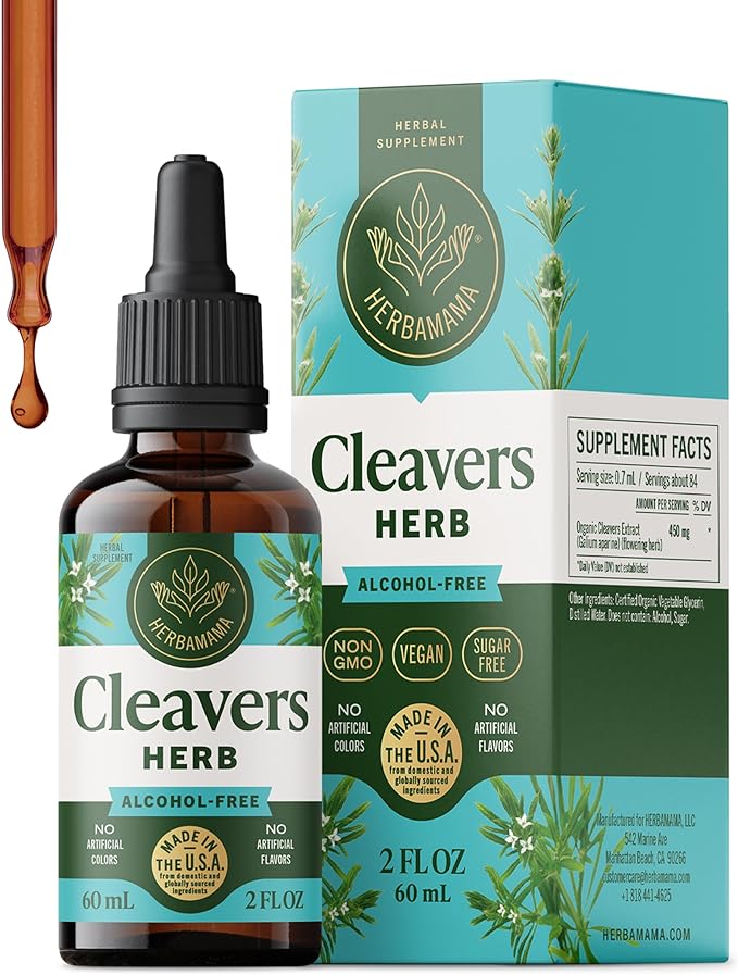 HERBAMAMA Cleavers Herb Tincture - Vegan Natural Detox & Cleanse Support with Cleavers Leaf Extract Drops - Non-GMO, Alcohol & Sugar-Free Liquid Herbal Supplement, 42-Day Supply