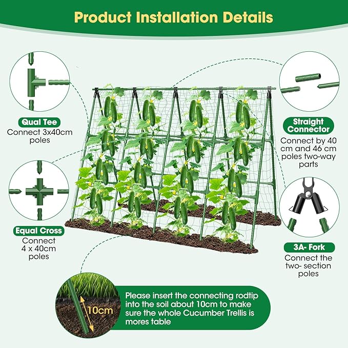 71" x 51" Cucumber Trellis for Raised Bed, A-Frame Garden Trellis for Climbing Plants Outdoor, Rust-Proof Metal Support for Tomato, Peas, Beans, Zucchini & Vines, with Netting & Clips
