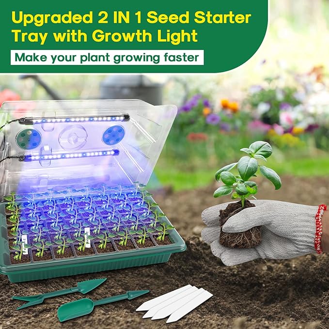 BlumWay Seed Starter Tray with Grow Light,2 Pack 80 Cells Seedling Tray Kit with Humidity Dome/Indoor Plant Starter Kit, Adjustable Brightness Plant Germination Trays