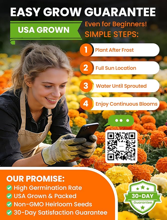 Tri-Color Marigold Seeds for Planting | 15,000+ Heirloom French Marigold Flower Seeds | Non-GMO, High Germination, USA Grown for Outdoor Gardens & Borders