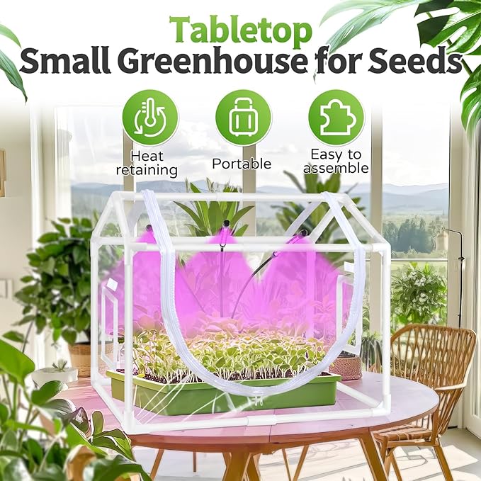 Tabletop Mini Greenhouse Indoor with Grow Light, Small Greenhouse Kit for Indoors, Tiny LED Plant Nursery with Timer & Zippered Door for Seed Starter, 25.6" L x 15.8" W x 20" H