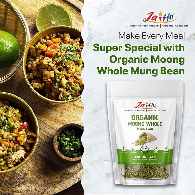 Jai Ho Certified Organic Moong 4 lb - Mung Beans Whole for Sprouting and Cooking - USDA Organic | Non-GMO | Chemical-Free | Premium Quality Kosher | (Whole Moong (Mung Bean))