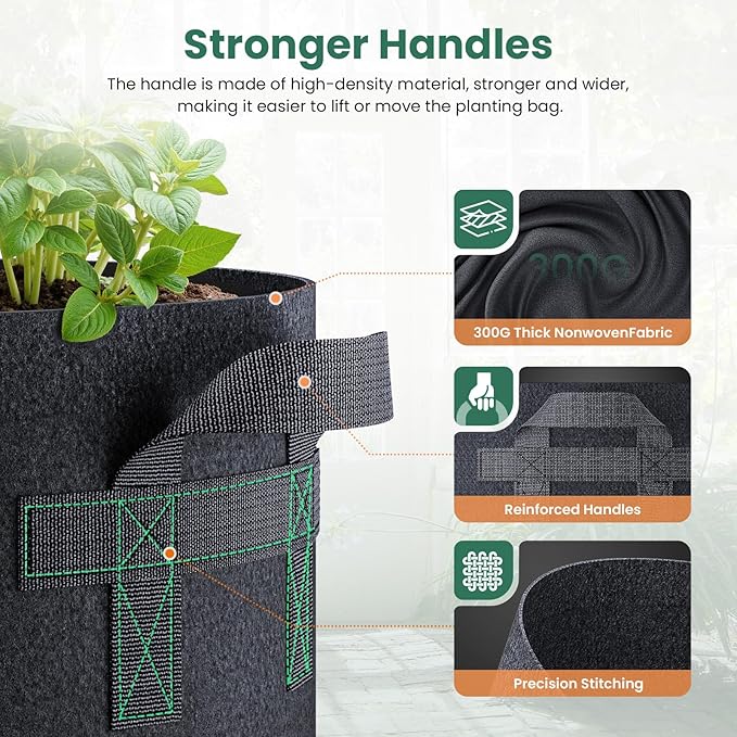 5 Pack 10 Gallon Grow Bags, Thickened Nonwoven Fabric Planter Pots with Handles, Heavy Duty 300G Garden Pots for Tomato, Potato and Vegetable