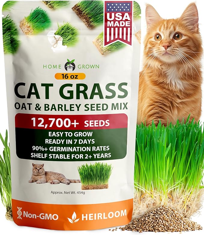 HOME GROWN Non GMO 1 Pound Cat Grass Seeds for Cat & Kittens Oat & Barley Mix 100% Heirloom, Grow Fresh Kitty Grass for Chewing, Pet Grass for Cats Indoor Garden