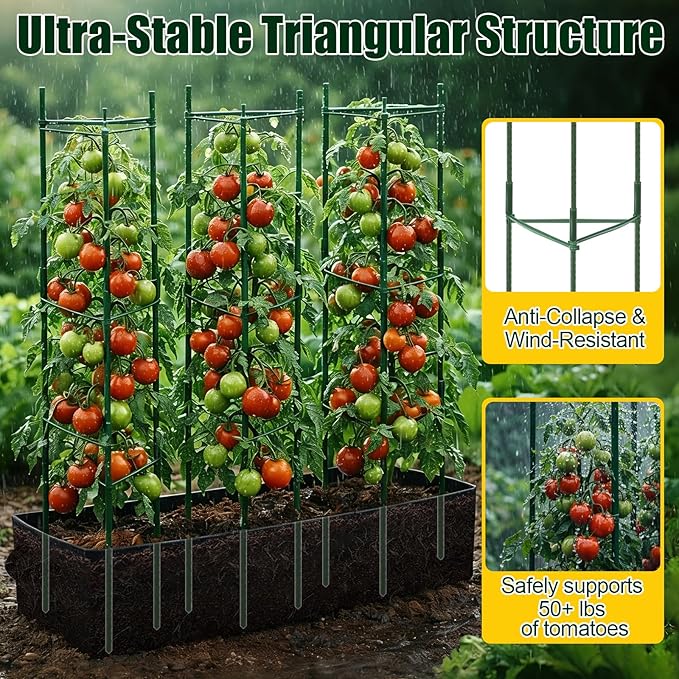 3-Pack Tomato Cages with 57 Gallon Raised Garden Bed - 48" Anti Collapse Heavy Duty Plant Support Trellis for Climbing Vegetables Plants Flowers ,Adjustable Vertical Tomato Trellis for Garden Balcony