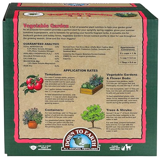 Down To Earth All Natural Fertilizers Organic Vegetable Garden - Plant Food for Vegetables, Herbs, Greens and Raised Beds 4-4-4, 15 lb
