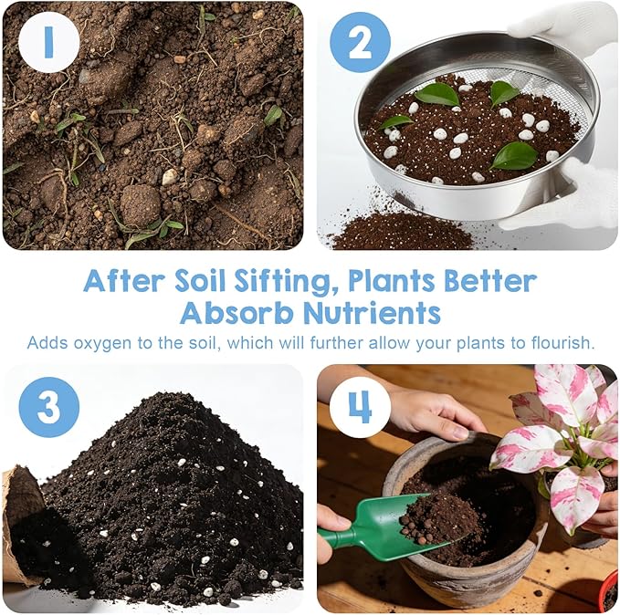 4 PCS Sifter for Rocks, 10 Inch Soil Sifter for Gardening with 3, 6, 9, 12 mm Stainless Steel Sifting Screen Round Rock Crusher for Sifting Sand, Soil, Stones Compost and Cat Litter