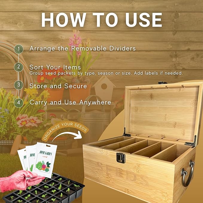Nimpro Bamboo Garden Seed Storage Organizer Box, Wooden Seed Box with Removable Dividers, Metal Handle and Latch, Seed Keeper Organizer for Garden Seed Packets and Storage (10.59 x 7 x 5.12 in)