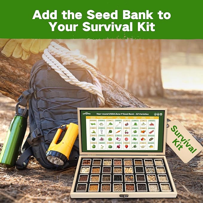 Lush&Dew Year-Round USDA Zone 7 Seed Bank, Gift for Mom Dad, 32 Varieties Non-GMO Heirloom Seeds of Vegetables, Flowers, Gardening Gifts for Women Men, Survival Kit for Raised Garden Bed, Greenhouse