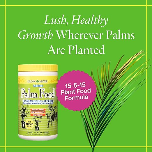 Grow More Palm Food with Yucca Extract (15-5-15) - 1.5lbs of Outdoor & Indoor Palm Tree Fertilizer - Water Soluble Fertilizer Enriched with 6 Micronutrients for Increased Growth & Foliage