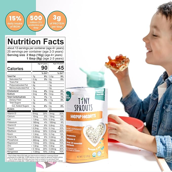 Tiny Sprouts Organic Hemp Hearts + Full Serving Probiotic + Vitamin D3 | Superfood Protein Booster for Kids | Omega-3, Iron, Magnesium, Zinc | Brain & Immune Support | Gluten-Free Superseed Blend | 7 oz