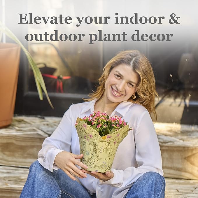 Premium 6” AZA Plant Pot Covers, Decorative Plant Sleeve for Indoor & Outdoor House Plants, Reusable and Gift-Ready for Flower Pots, Green-Print, Pack of 5