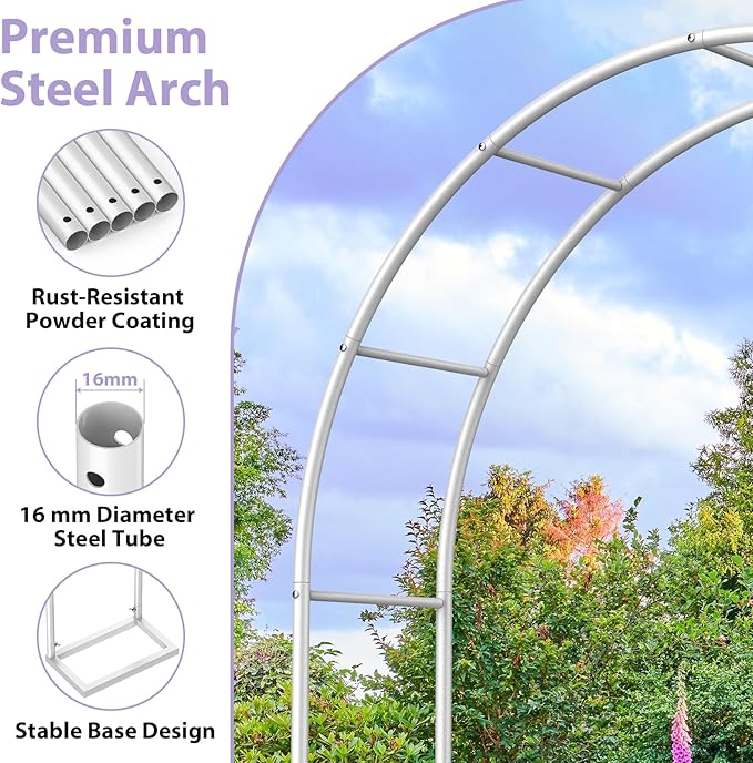 Sunexinlo Garden Arch Trellis with Base, 5.3'W x 7.6'H or 7.9'W x 6.3'H Wedding Arch, Metal Garden Trellis for Climbing Plants Outdoor Wedding Christmas Bridal Party Decoration, White